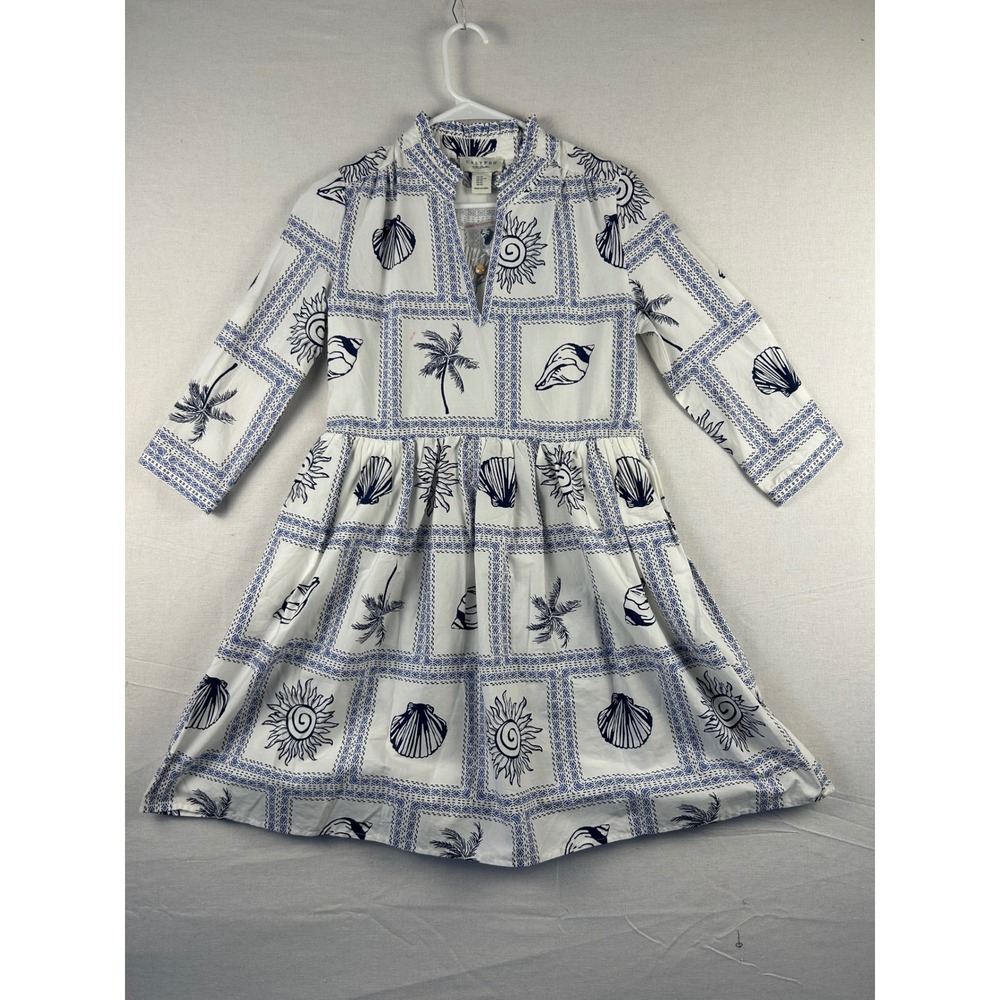 Calypso St. Barth Womens XS White Blue Shell Palm Tree Print Cotton Mini Dress